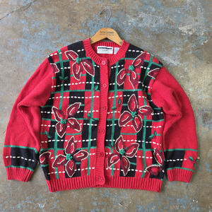 Vintage 80s 90s Christmas Cardigan Sweater Size M Red Ugly Plaid Hand Knit